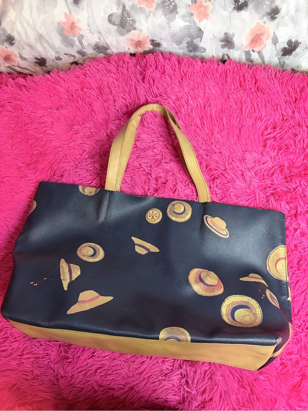 Tory Burch Black Tote Bag with Yellow Hat Print and Yellow Handles